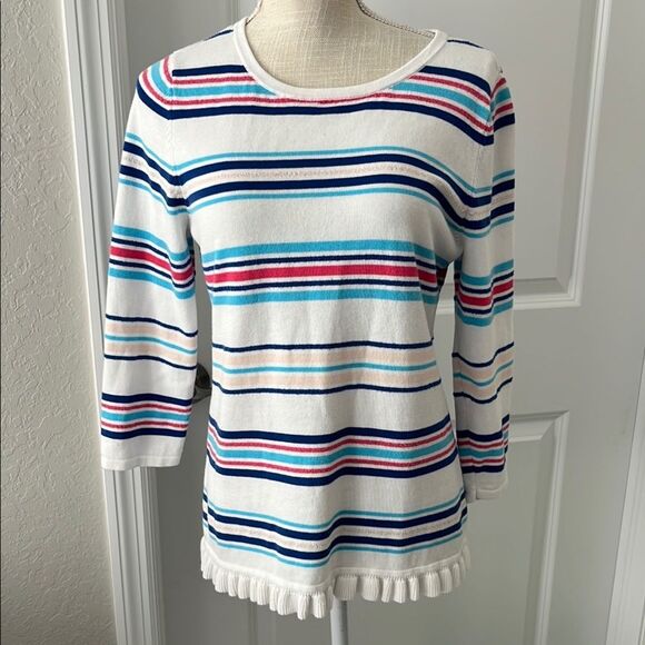 Talbots White and Multicolor Striped Sweater Ruffle Bottom - Picture 1 of 6